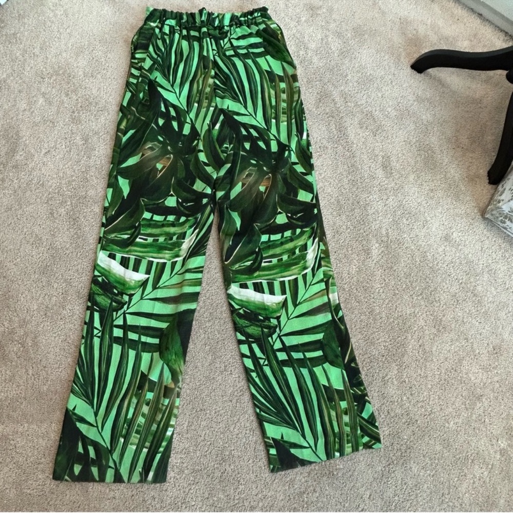 Zara Green Leaf Print Wide Leg Pants - Picture 3 of 5